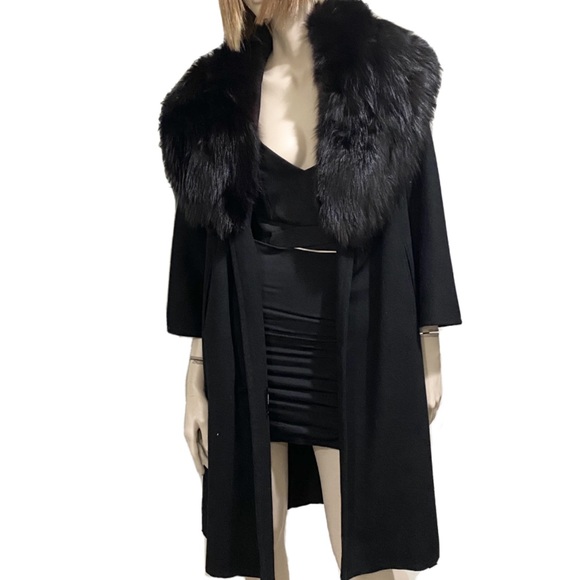 Vintage CAPELLA A Luxurious Fabric Fur Collar Black Open front Long Coat - Picture 2 of 12